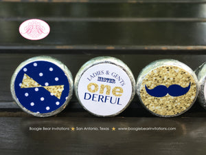 Mr Wonderful 1st Birthday Circle Stickers Candy Party Favor Mustache Bow Tie Boy Onederful Blue Gold Boogie Bear Invitations Auden Theme