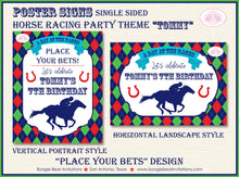 Load image into Gallery viewer, Horse Racing Birthday Party Sign Poster Derby Argyle Jockey Kentucky Derby Red Green Blue Races Boy Girl Boogie Bear Invitations Tommy Theme