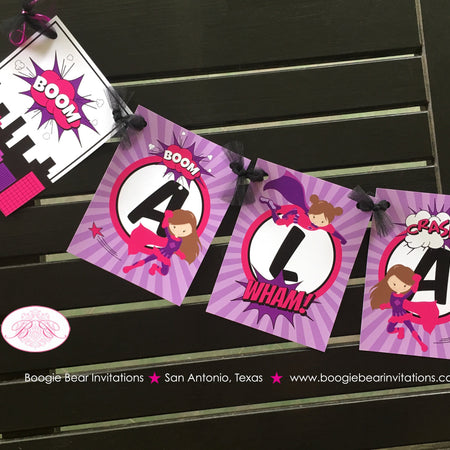 Pink Supergirl Birthday Party Name Banner Super Girl Superhero Purple Comic Cityscape Skyline Boogie Bear Invitations Alayna Theme