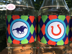 Horse Racing Birthday Party Bottle Wraps Derby Argyle Red Green Blue Jockey Equestrian Quarter Races Boogie Bear Invitations Tommy Theme