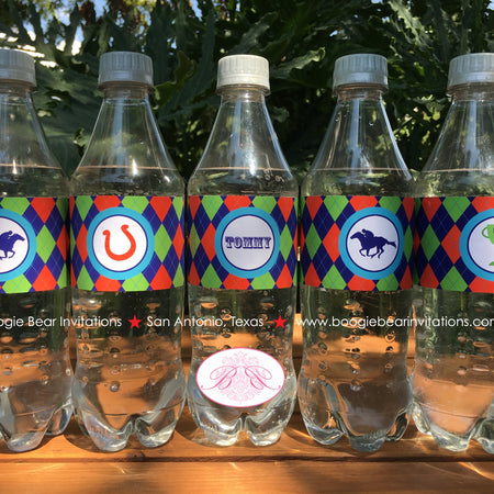 Horse Racing Birthday Party Bottle Wraps Derby Argyle Red Green Blue Jockey Equestrian Quarter Races Boogie Bear Invitations Tommy Theme
