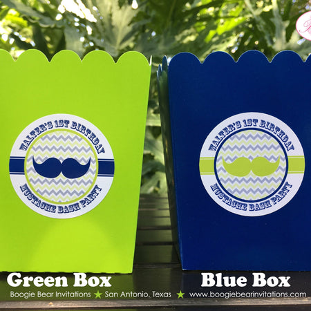 Mustache Bash Party Popcorn Boxes Mini Food Buffet Candy Birthday Boy Little Man Lime Green Blue Circus Boogie Bear Invitations Walter Theme