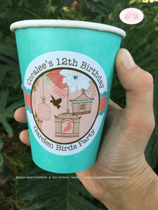 Garden Birds Birthday Party Beverage Cups Paper Drink Girl Coral Teal Birdcage Woodland Forest Flowers Boogie Bear Invitations Coralee Theme
