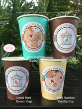 Load image into Gallery viewer, Garden Birds Birthday Party Beverage Cups Paper Drink Girl Coral Teal Birdcage Woodland Forest Flowers Boogie Bear Invitations Coralee Theme