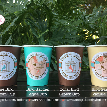Garden Birds Birthday Party Beverage Cups Paper Drink Girl Coral Teal Birdcage Woodland Forest Flowers Boogie Bear Invitations Coralee Theme