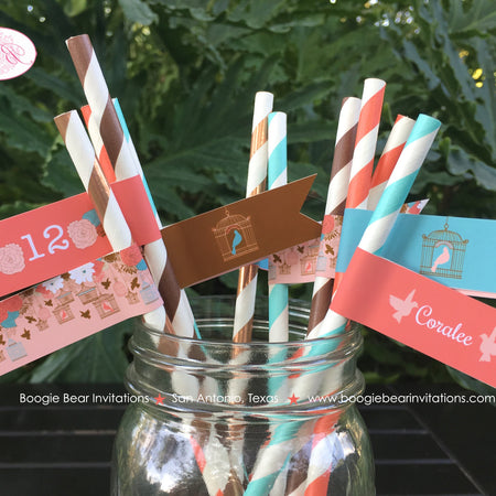 Garden Birds Birthday Party Straws Pennant Paper Girl Coral Teal Birdcage Flowers Cage Forest Rustic Boogie Bear Invitations Coralee Theme