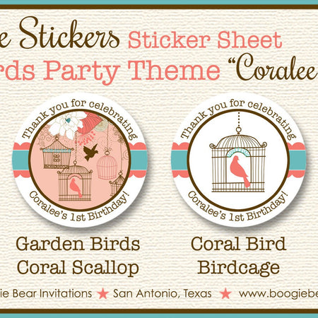 Garden Birds Woodland Party Stickers Circle Sheet Round Birthday Girl Coral Teal Cage Birdcage Forest Boogie Bear Invitations Coralee Theme