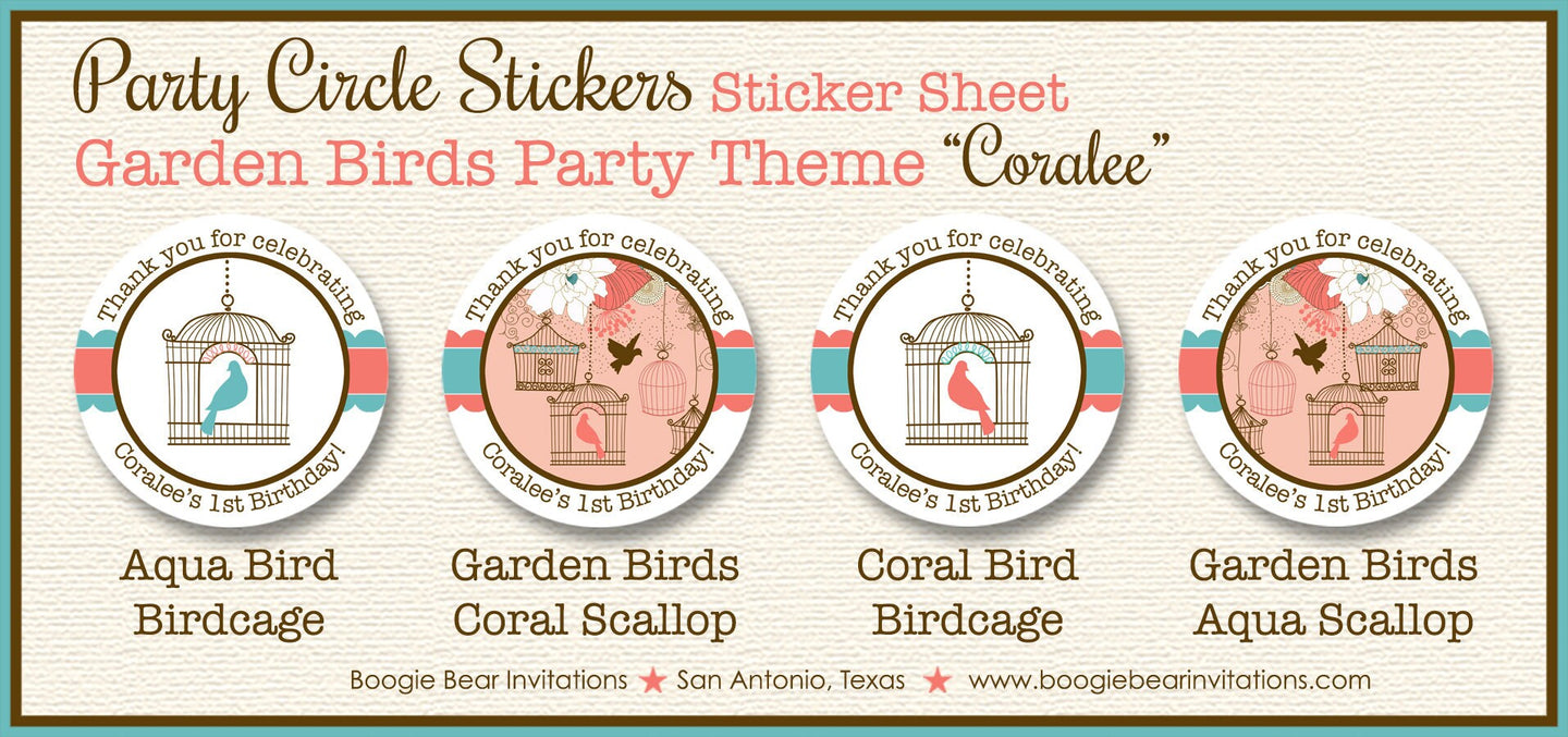 Garden Birds Woodland Party Stickers Circle Sheet Round Birthday Girl Coral Teal Cage Birdcage Forest Boogie Bear Invitations Coralee Theme