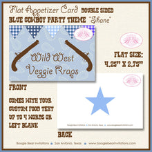 Load image into Gallery viewer, Blue Gunslinger Baby Shower Party Favor Card Tent Appetizer Place Boy Brown Boots Ranch Cowboy Country Boogie Bear Invitations Shane Theme