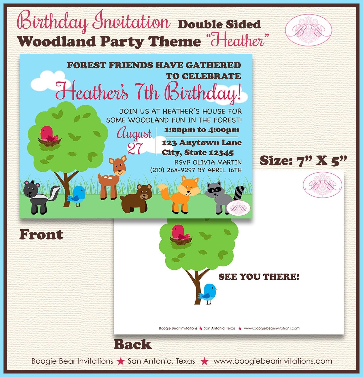 Forest Animals Birthday Party Invitation Woodland Creatures Pink Garden Park Picnic Boogie Bear Heather Theme Paperless Printable Printed