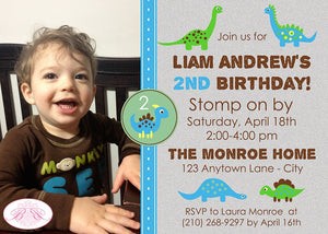 Dinosaur Photo Birthday Party Invitation Boy Green Dino Stomp Roar Green Blue Boogie Bear Invitations Liam Theme Paperless Printable Printed