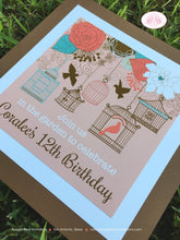 Load image into Gallery viewer, Garden Birds Birthday Party Door Banner Birthday Woodland Birdcage Cage Flower Coral Teal Turquoise Boogie Bear Invitations Coralee Theme