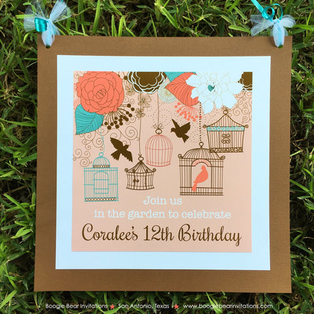 Garden Birds Birthday Party Door Banner Birthday Woodland Birdcage Cage Flower Coral Teal Turquoise Boogie Bear Invitations Coralee Theme