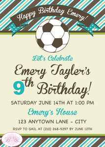 Retro Soccer Birthday Party Invitation Boy Girl Sports Aqua Blue Green Teal Boogie Bear Invitations Emery Theme Paperless Printable Printed