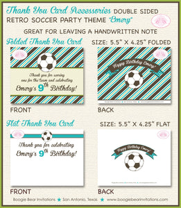 Retro Soccer Birthday Party Thank You Card Boy Girl Teal Green Blue Goal Win Group Pro Captain Boogie Bear Invitations Emery Theme Printed