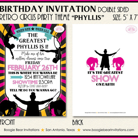 Circus Showman Birthday Party Invitation Animals Pink Girl Trapeze Acrobat Boogie Bear Invitations Phyllis Theme Paperless Printable Printed