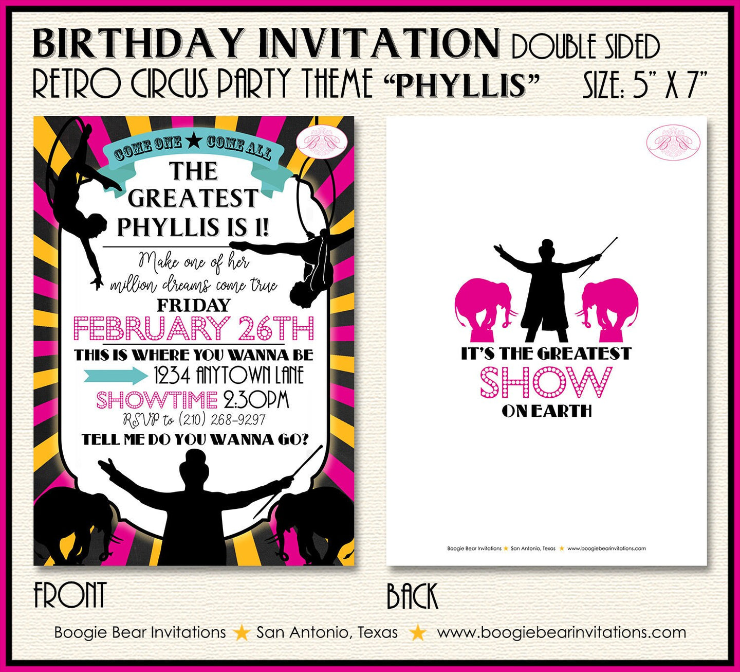 Circus Showman Birthday Party Invitation Animals Pink Girl Trapeze Acrobat Boogie Bear Invitations Phyllis Theme Paperless Printable Printed