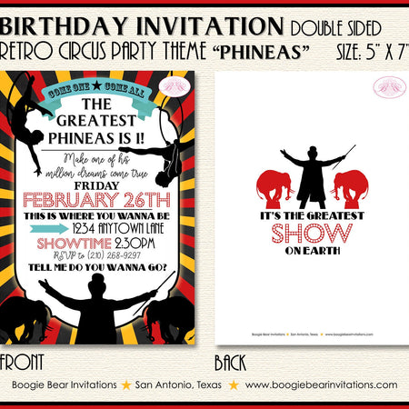 Circus Showman Birthday Party Invitation Animals Boy Girl Trapeze Acrobat Boogie Bear Invitations Phineas Theme Paperless Printable Printed