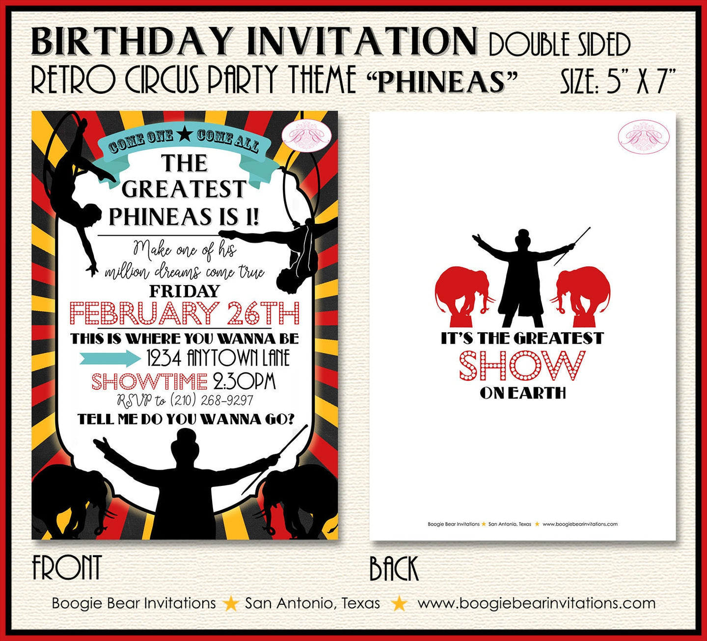 Circus Showman Birthday Party Invitation Animals Boy Girl Trapeze Acrobat Boogie Bear Invitations Phineas Theme Paperless Printable Printed