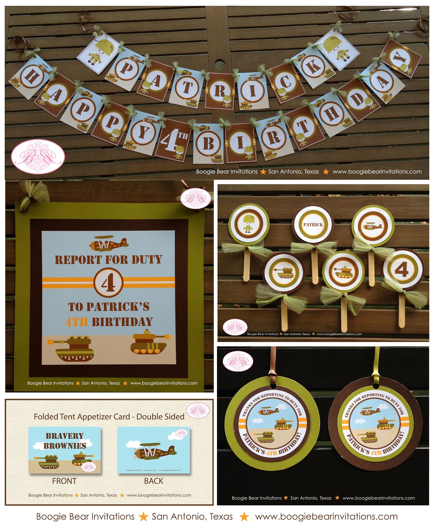 Military Army Birthday Party Package Tank Air Force Marines Navy Green Active Duty Soldier Banner Tag Boogie Bear Invitations Patrick Theme