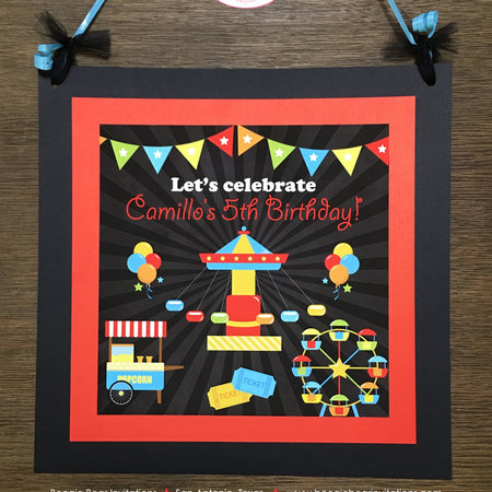 Amusement Park Birthday Party Door Banner Boy Girl Carnival Circus Carousel Swing Ride Ferris Wheel Boogie Bear Invitations Camillo Theme