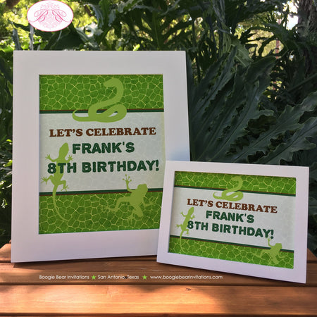 Reptile Birthday Party Sign Poster Frameable Boy Girl Frog Snake Lizard Amazon Jungle Rain Forest Zoo Boogie Bear Invitations Frank Theme