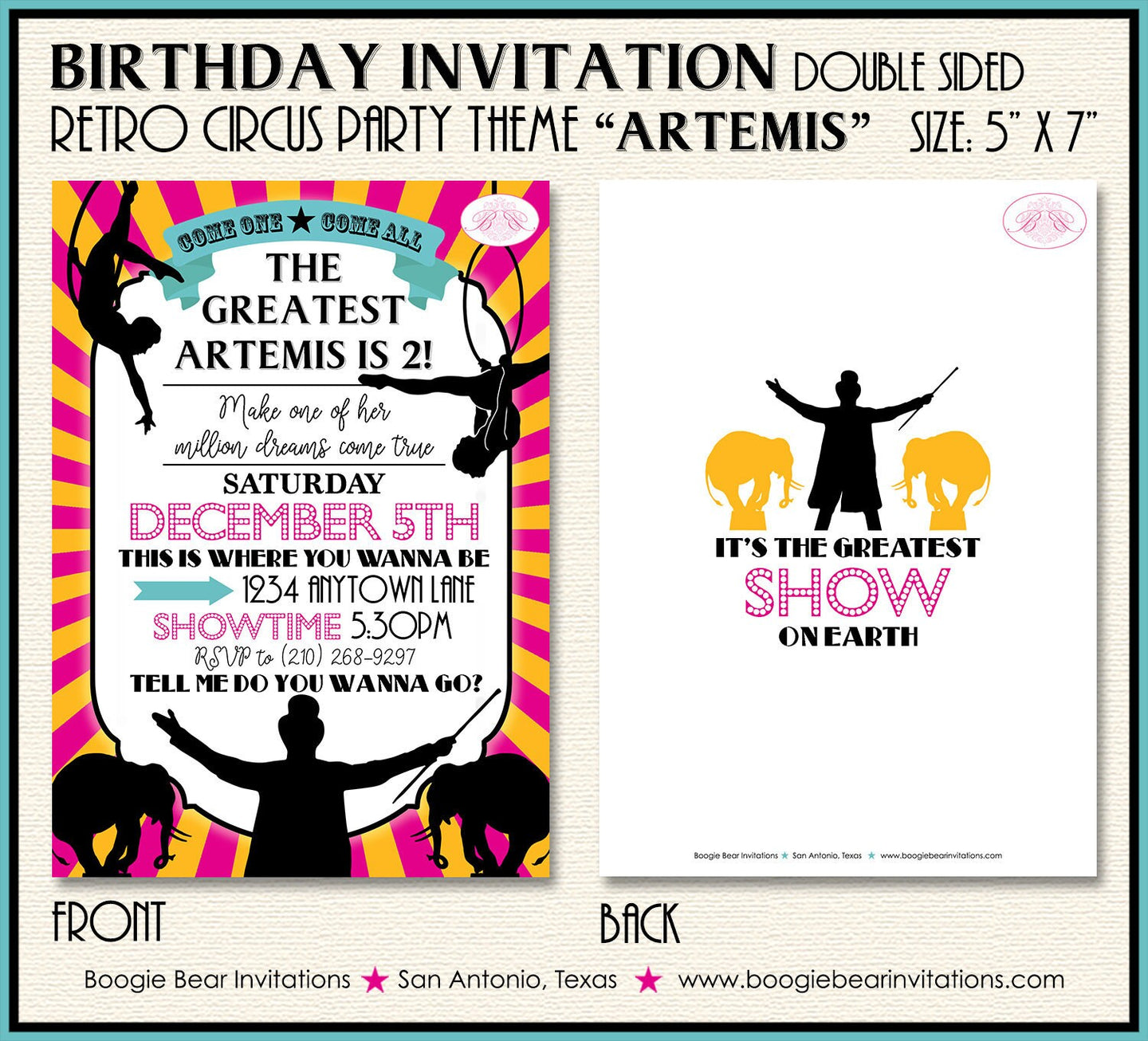 Circus Showman Birthday Party Invitation Animals Pink Girl Big Top Pink Boogie Bear Invitations Artemis Theme Paperless Printable Printed
