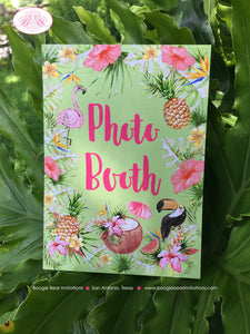 Tropical Paradise Birthday Party Sign Poster Photo Booth Flamingo Toucan Pink Gold Green Jungle Wild Boogie Bear Invitations Tallulah Theme