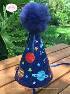 Outer Space Birthday Party Hat Honoree Boy Girl Planets Astronaut Galaxy Stars Solar System Orbit Blue Boogie Bear Invitations Galileo Theme