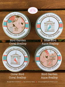 Garden Birds Birthday Party Treat Favor Tins Circle Gift Box Girl Birdcage Cage Outdoor Picnic Forest Boogie Bear Invitations Coralee Theme