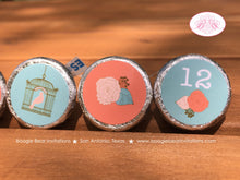 Load image into Gallery viewer, Garden Birds Birthday Party Circle Stickers Sheet Candy Favor Coral Teal Birdcage Forest Cage Flower Boogie Bear Invitations Coralee Theme