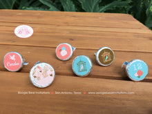 Load image into Gallery viewer, Garden Birds Birthday Party Circle Stickers Sheet Candy Favor Coral Teal Birdcage Forest Cage Flower Boogie Bear Invitations Coralee Theme