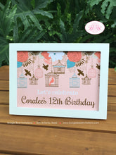 Load image into Gallery viewer, Garden Birds Birthday Party Sign Poster Frameable Girl Birdcage Woodland Forest Outdoor Cage Picnic Boogie Bear Invitations Coralee Theme