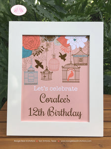 Garden Birds Birthday Party Sign Poster Frameable Girl Birdcage Woodland Forest Outdoor Cage Picnic Boogie Bear Invitations Coralee Theme