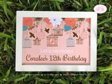 Load image into Gallery viewer, Garden Birds Birthday Party Sign Poster Frameable Girl Birdcage Woodland Forest Outdoor Cage Picnic Boogie Bear Invitations Coralee Theme