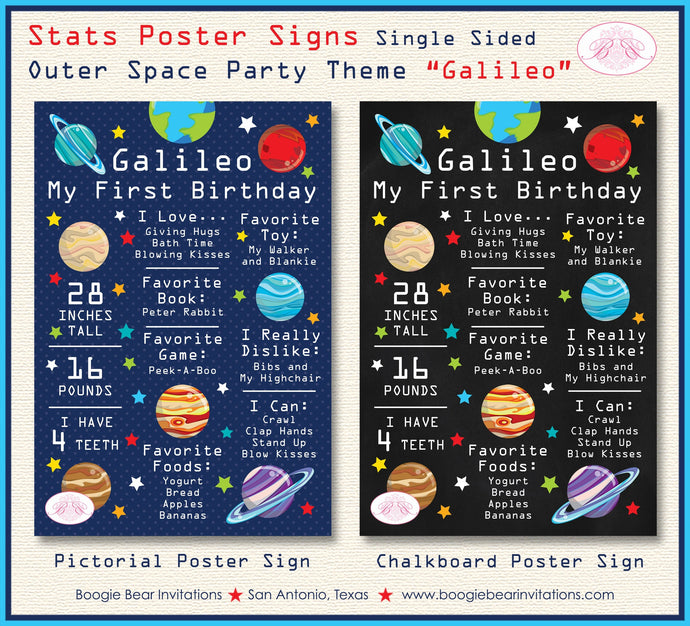Outer Space Birthday Party Sign Stats Poster Frameable Chalkboard Milestone Galaxy Girl Boy Planet 1st Boogie Bear Invitations Galileo Theme
