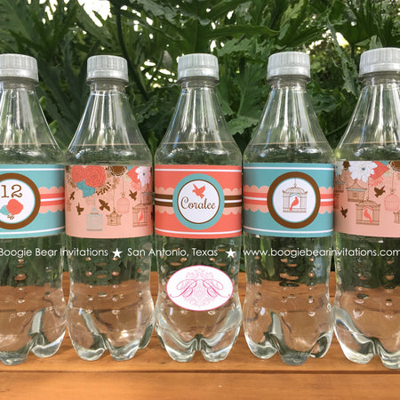 Garden Birds Birthday Party Bottle Wraps Cover Wrappers Label Girl Birdcage Flower Forest Coral Teal Boogie Bear Invitations Coralee Theme