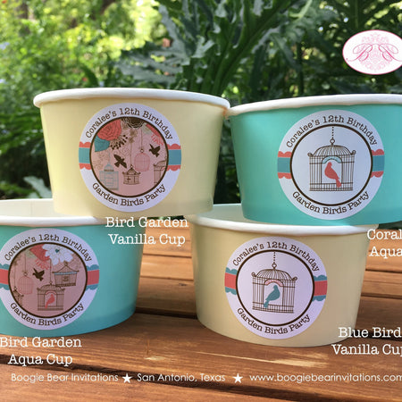 Garden Birds Party Treat Cups Candy Food Buffet Paper Birthday Girl Birdcage Coral Teal Outdoor Picnic Boogie Bear Invitations Coralee Theme