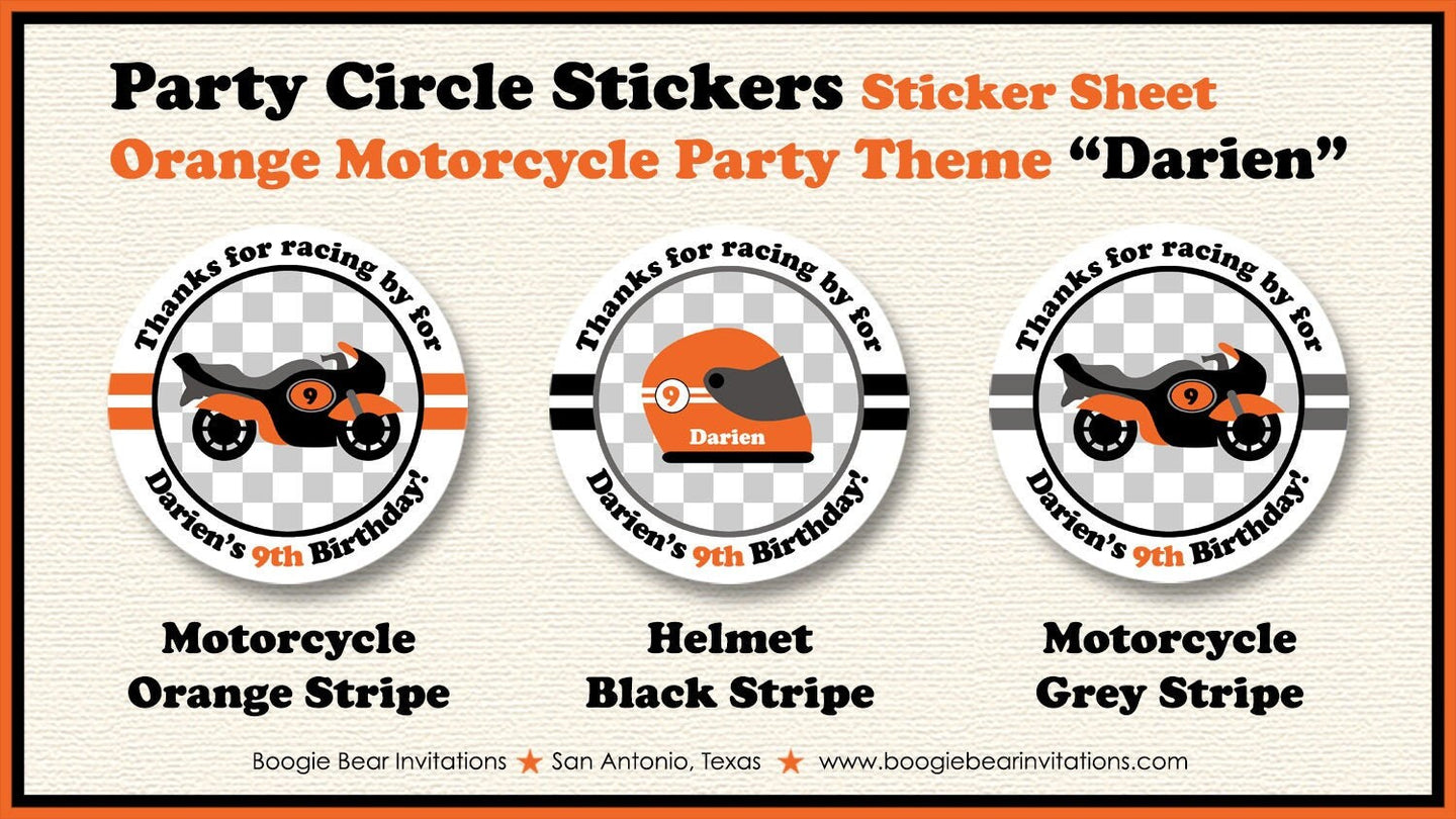Orange Motorcycle Birthday Party Stickers Circle Sheet Round Black Enduro Motocross Street Bike Racing Boogie Bear Invitations Darien Theme