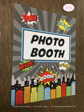 Load image into Gallery viewer, Superhero Birthday Party Sign Poster Photo Booth Red Black Happy Boy Girl Super Hero Skyline City Comic Boogie Bear Invitations Max Theme