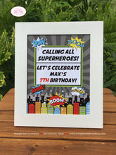 Load image into Gallery viewer, Superhero Birthday Party Sign Poster Red Black Happy Super Hero Boy Girl Comic Skyline City Retro Boogie Bear Invitations Max Theme