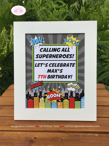 Superhero Birthday Party Sign Poster Red Black Happy Super Hero Boy Girl Comic Skyline City Retro Boogie Bear Invitations Max Theme