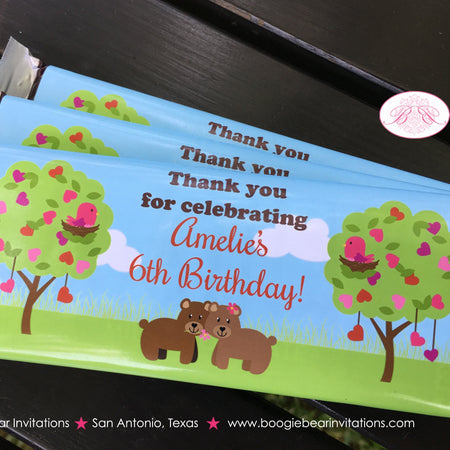 Valentines Day Woodland Birthday Party Candy Bar Wraps Sticker Creatures Girl Boy Heart Forest Animals Boogie Bear Invitations Amelie Theme