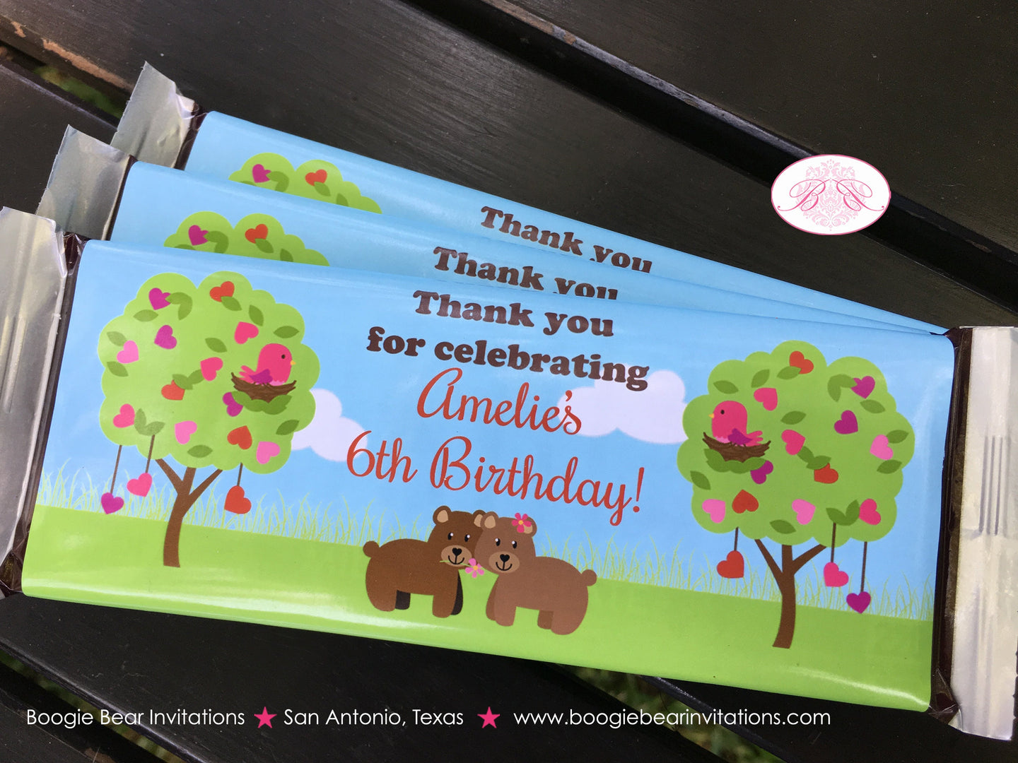 Valentines Day Woodland Birthday Party Candy Bar Wraps Sticker Creatures Girl Boy Heart Forest Animals Boogie Bear Invitations Amelie Theme
