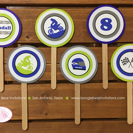 Dirt Bike Birthday Party Cupcake Toppers Set Boy Blue Lime Green Enduro Motocross Off Road Racing Race Boogie Bear Invitations Randall Theme