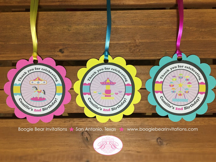 Amusement Park Birthday Favor Tags Party Carousel Horse Girl Pink Blue Ferris Wheel Circus Carnival Boogie Bear Invitations Camille Theme