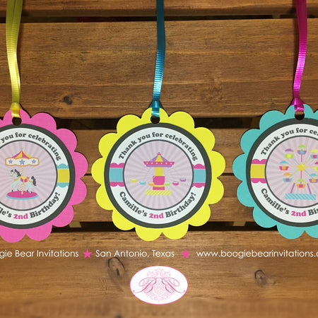 Amusement Park Birthday Favor Tags Party Carousel Horse Girl Pink Blue Ferris Wheel Circus Carnival Boogie Bear Invitations Camille Theme