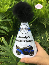 Load image into Gallery viewer, Blue Motorcycle Birthday Party Hat Racing Boy Girl Black Grey Stripe Enduro Motocross Sports Track Boogie Bear Invitations Randy Theme