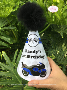 Blue Motorcycle Birthday Party Hat Racing Boy Girl Black Grey Stripe Enduro Motocross Sports Track Boogie Bear Invitations Randy Theme