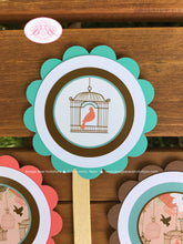 Load image into Gallery viewer, Garden Birds Birthday Party Cupcake Toppers Girl Woodland Birdcage Flower Coral Teal Garden Picnic Set Boogie Bear Invitations Coralee Theme